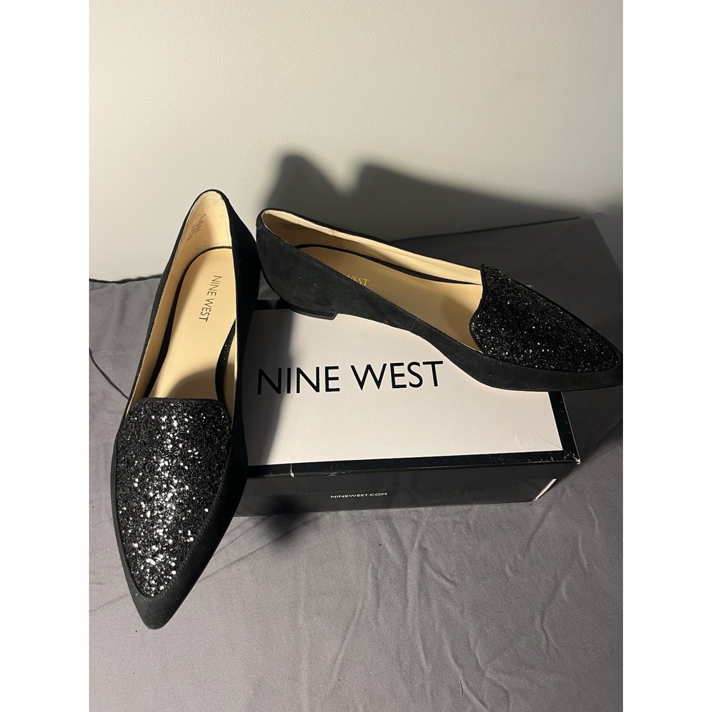 Women's 9M Nine West Women's Abay black glitter smoking flats Pointed Toe Formal